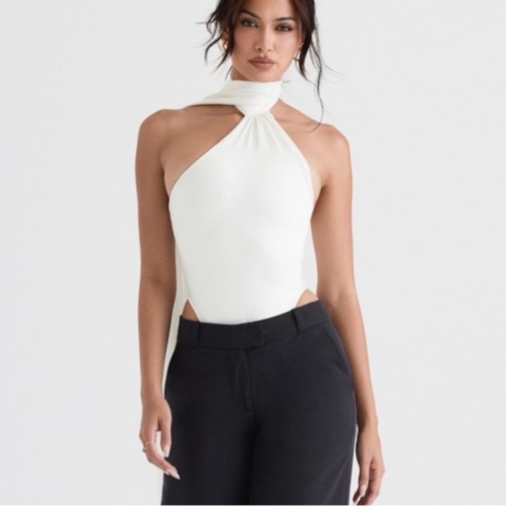 House CB IVORY SATIN WRAP NECK BODYSUIT